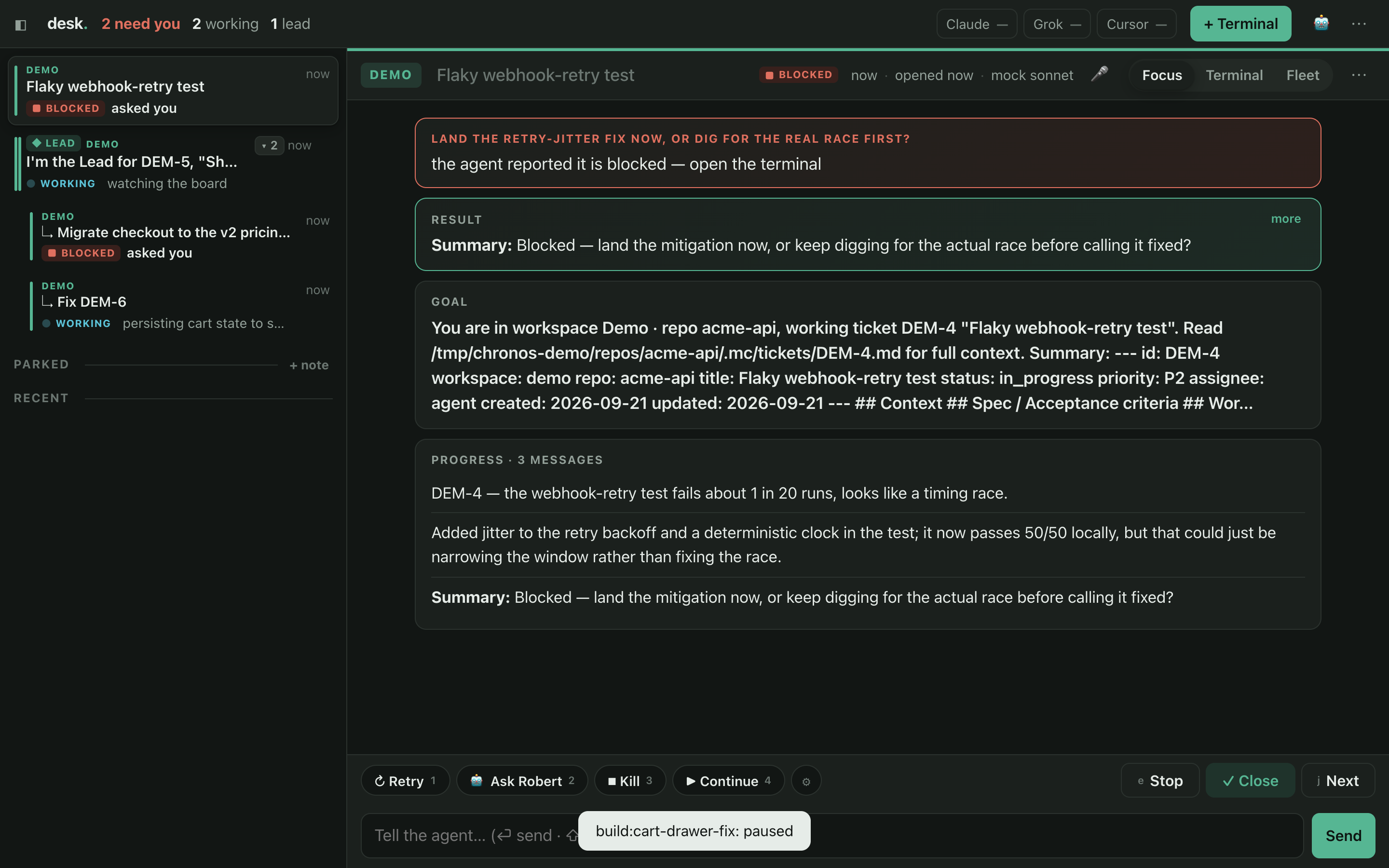 The Chronos Desk: a wall of live terminal cards